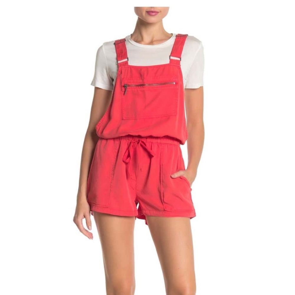 NWT lovestitch tencel zip red picket shortall short overalls Sz small